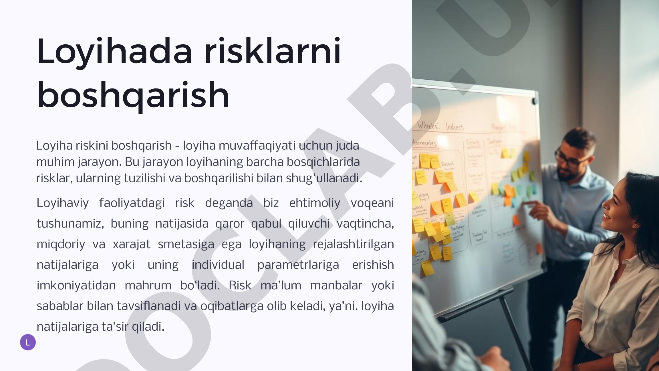 Loyiha risklarini boshqarish, risk turlari va ularni aniqlash haqida ma'lumot