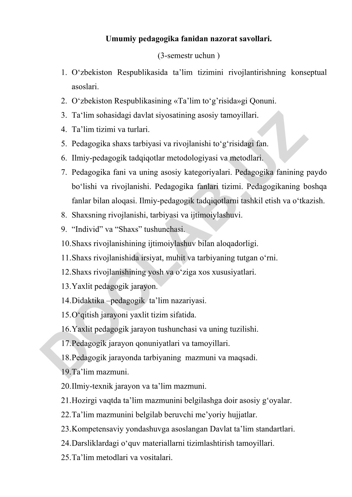 Umumiy pedagogika fanidan nazorat savollari (3-semestr)