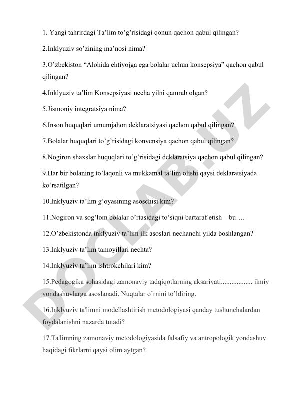 Inklyuziv ta'lim va ta'lim qonunchiligi bo'yicha savollar