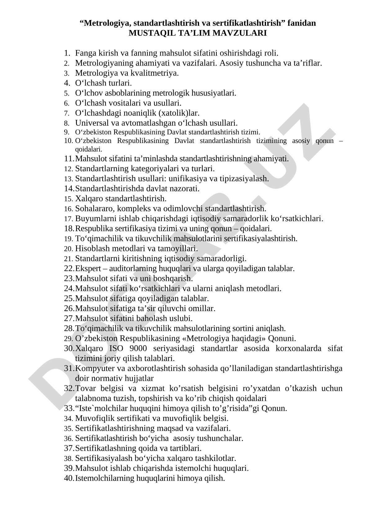 Metrologiya, standartlashtirish va sertifikatlashtirish fanidan mustaqil ta'lim mavzulari