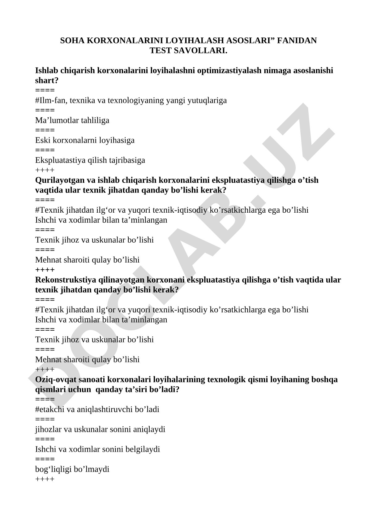 Soha korxonalarini loyihalash asoslari fanidan test savollari