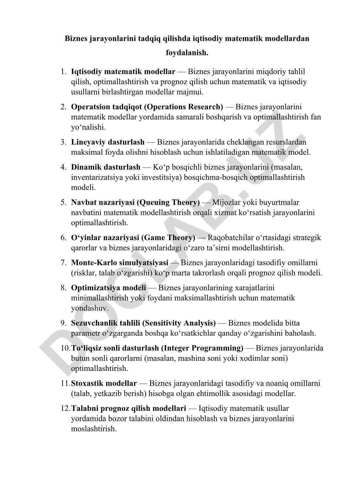 Biznes jarayonlarini tadqiq qilishda iqtisodiy matematik modellardan foydalanish