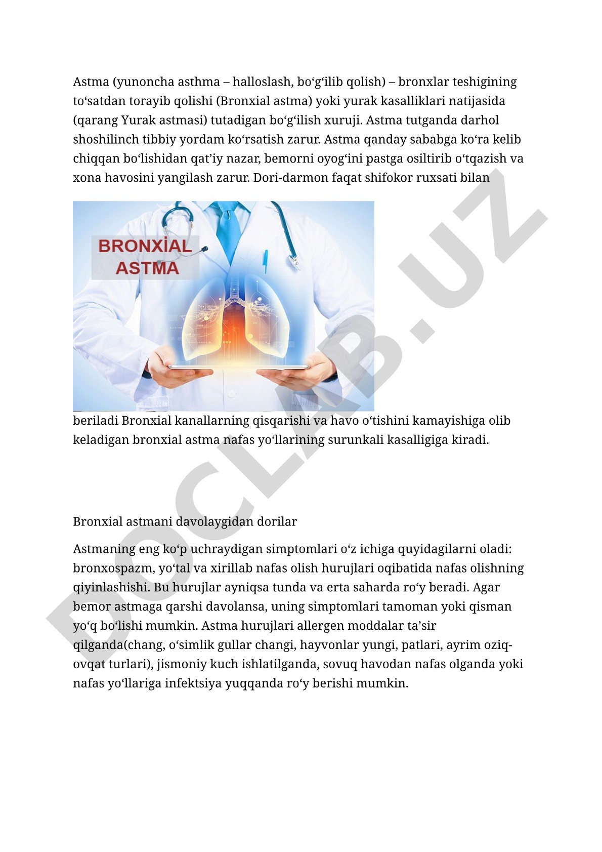 Bronxial astma simptomlari, sabablari, xurujlarida birinchi yordam haqida ma'lumot