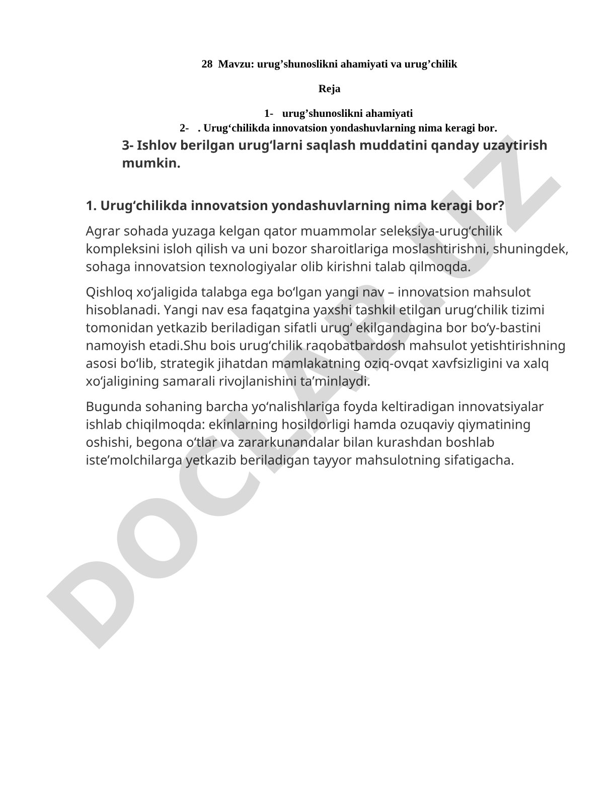urug’shunoslikni ahamiyati va urug’chilik