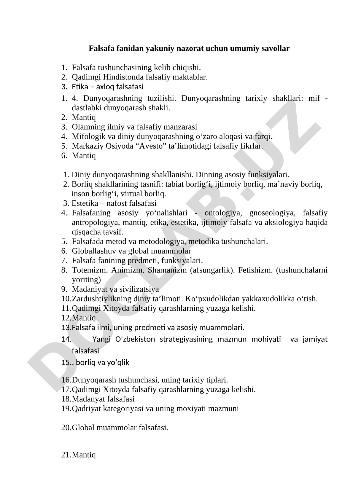 Falsafa fanidan yakuniy nazorat savollari
