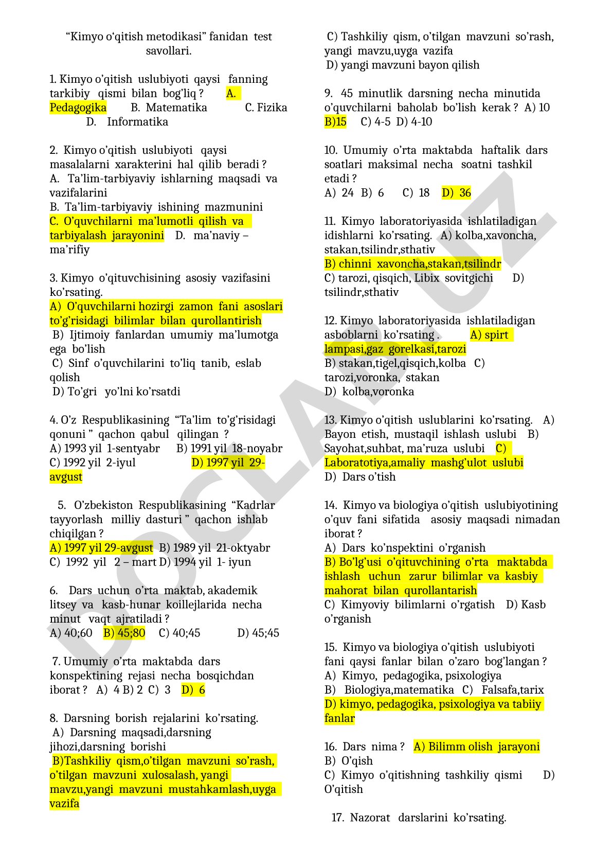 Kimyo o'qitish metodikasi fanidan test savollari