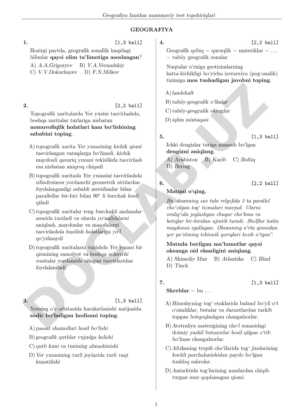 Geografiya fanidan namunaviy test topshiriqlari