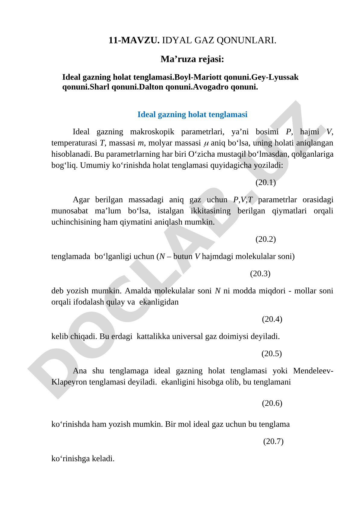 Ideal gaz qonunlari: holat tenglamasi, Boyl-Mariott, Gey-Lyussak, Sharl, Dalton, Avogadro