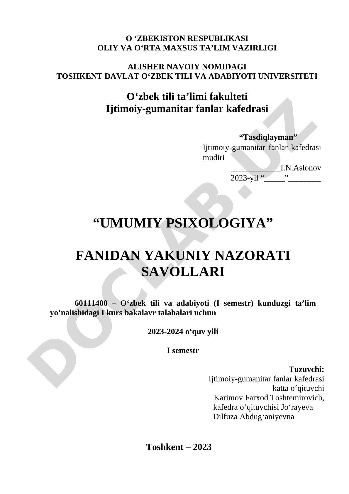 Umumiy psixologiya fanidan yakuniy nazorat savollari