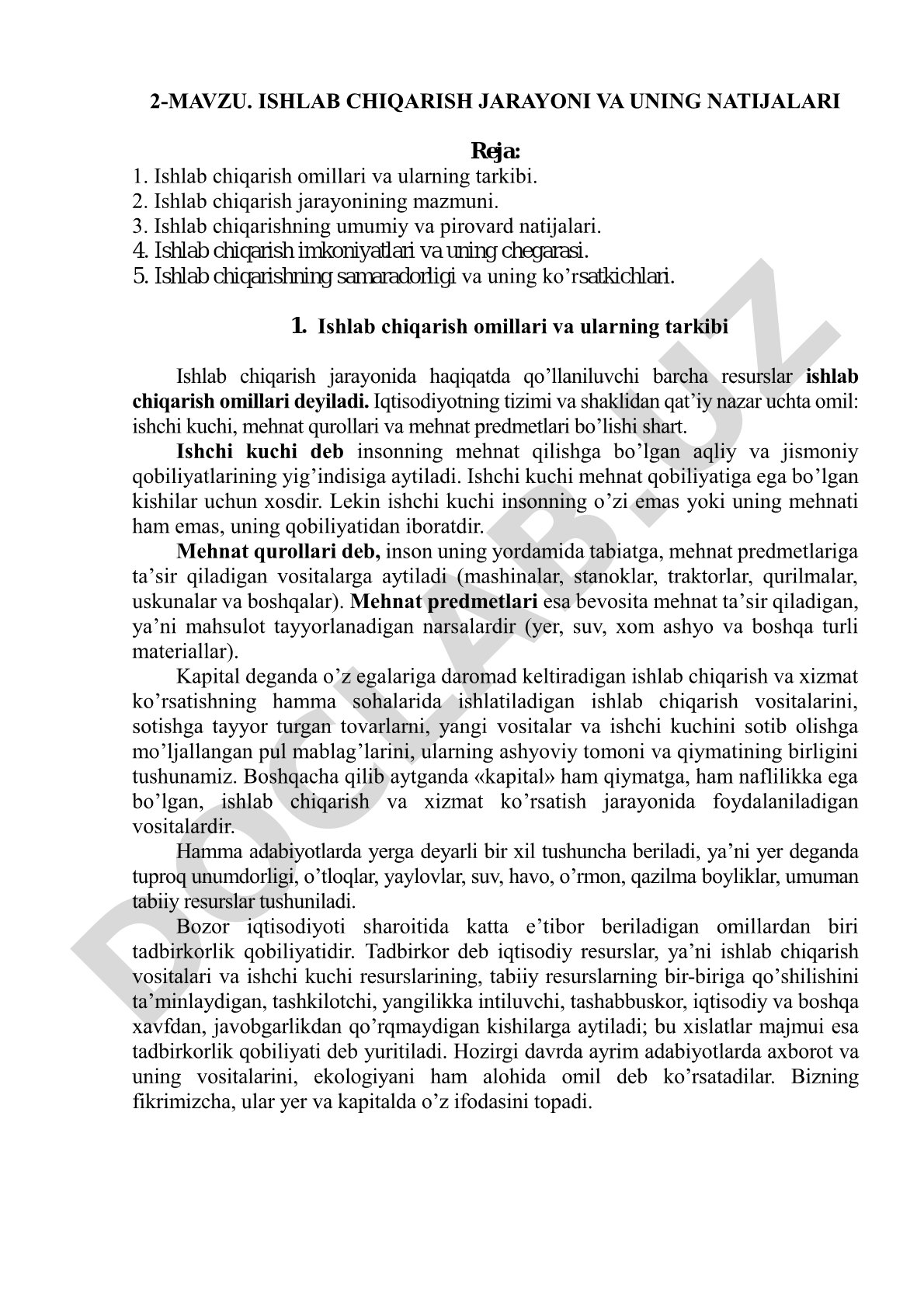 2-MAVZU. Ishlab chiqarish jarayoni va uning natijalari