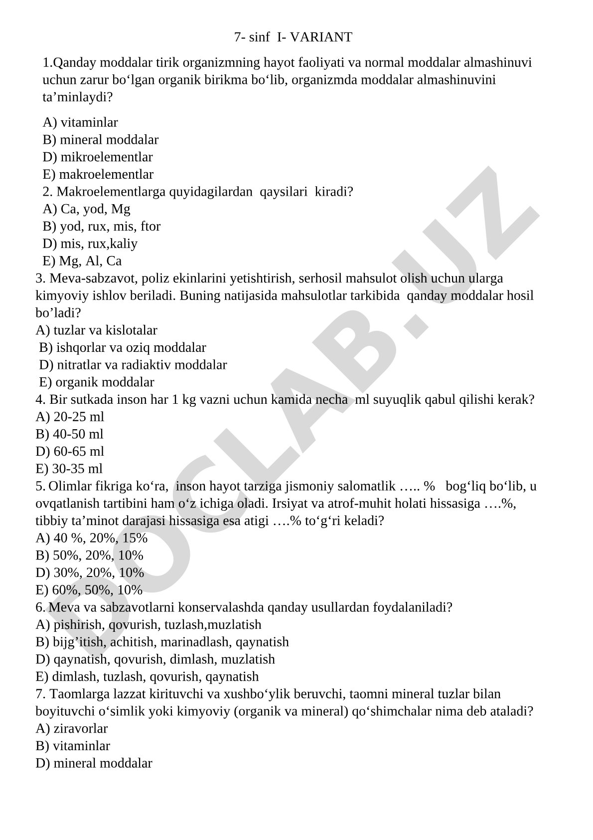 7-sinf vitaminlar va mineral moddalar testi