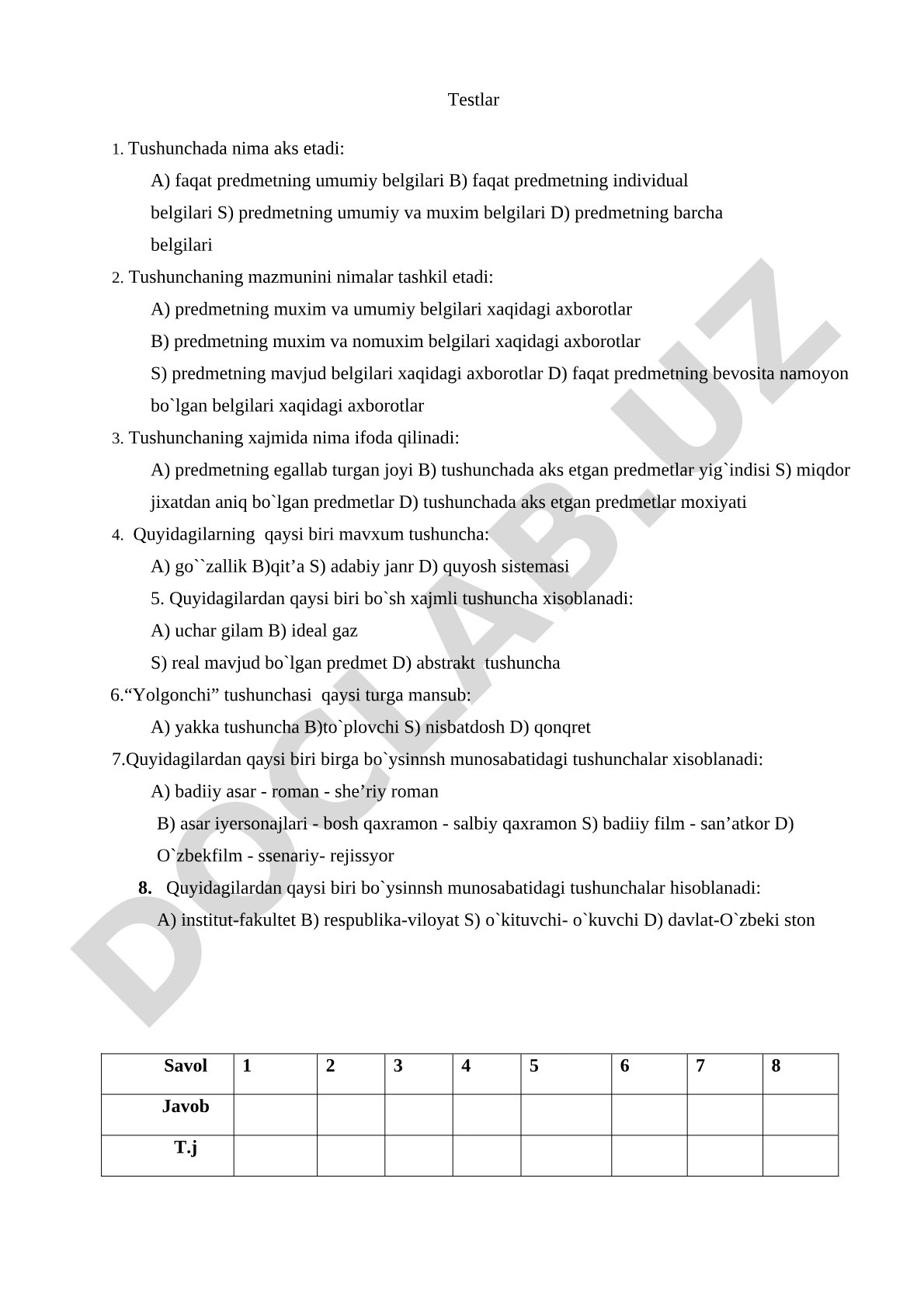 Mantiqda tushuncha haqidagi test savollari