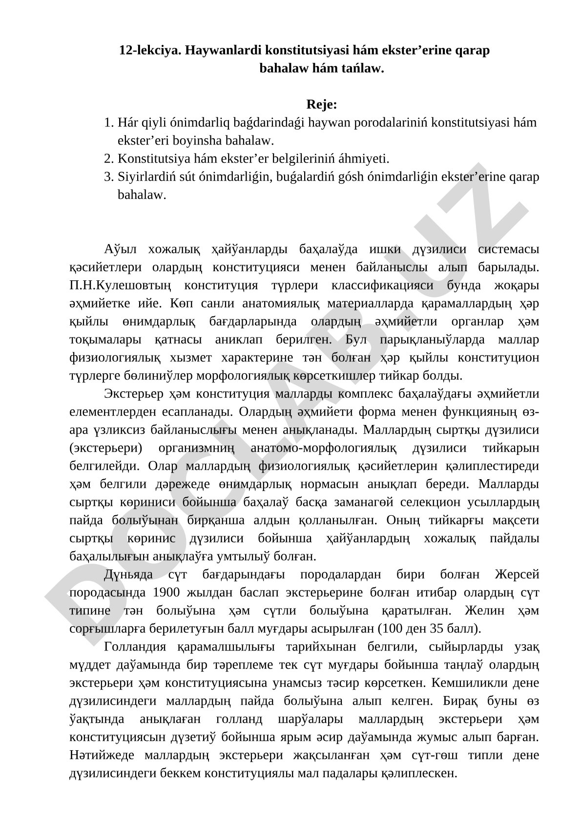 Haywanlardi konstitutsiyasi hám ekster’erine qarap bahalaw hám tańlaw