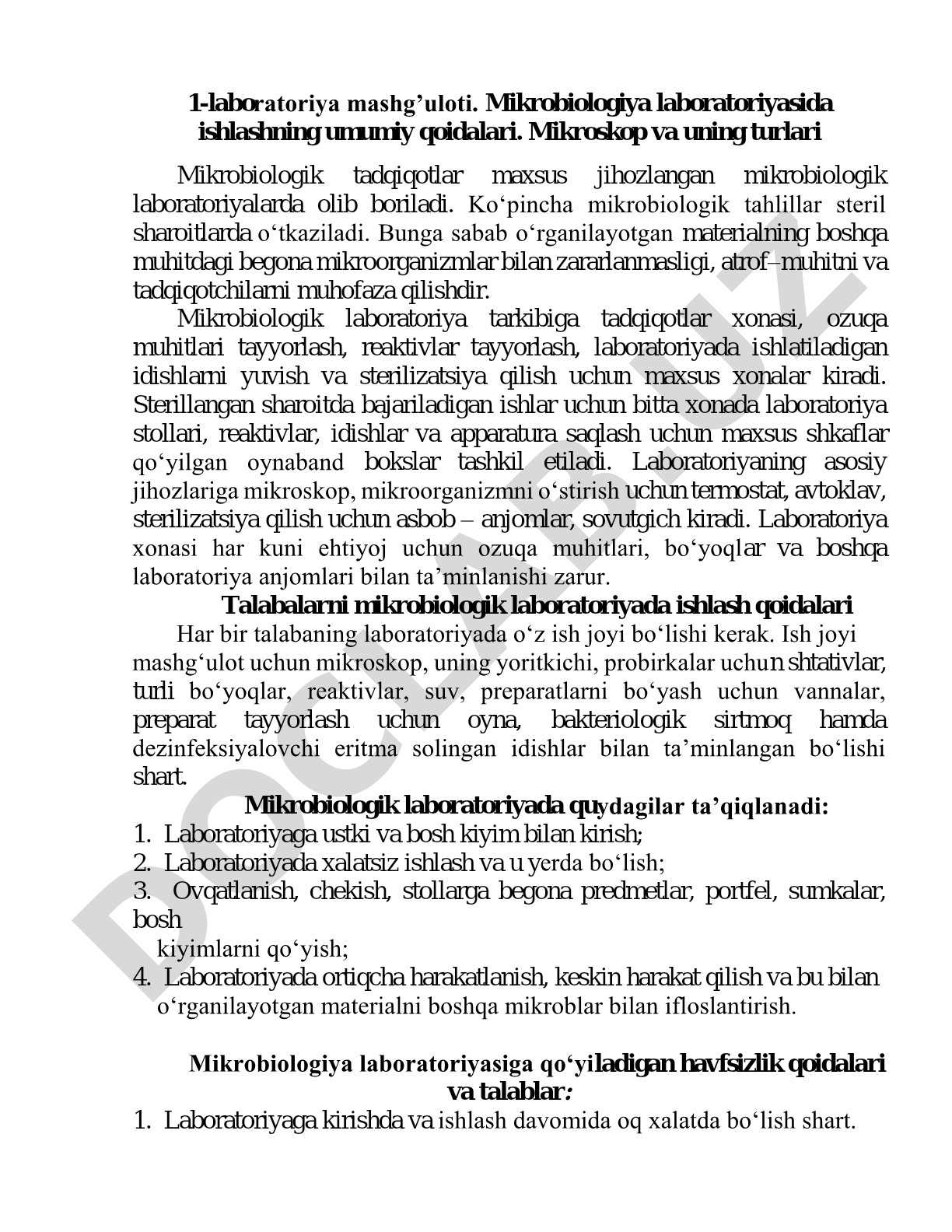 Mikrobiologiya laboratoriyasida ishlashning umumiy qoidalari