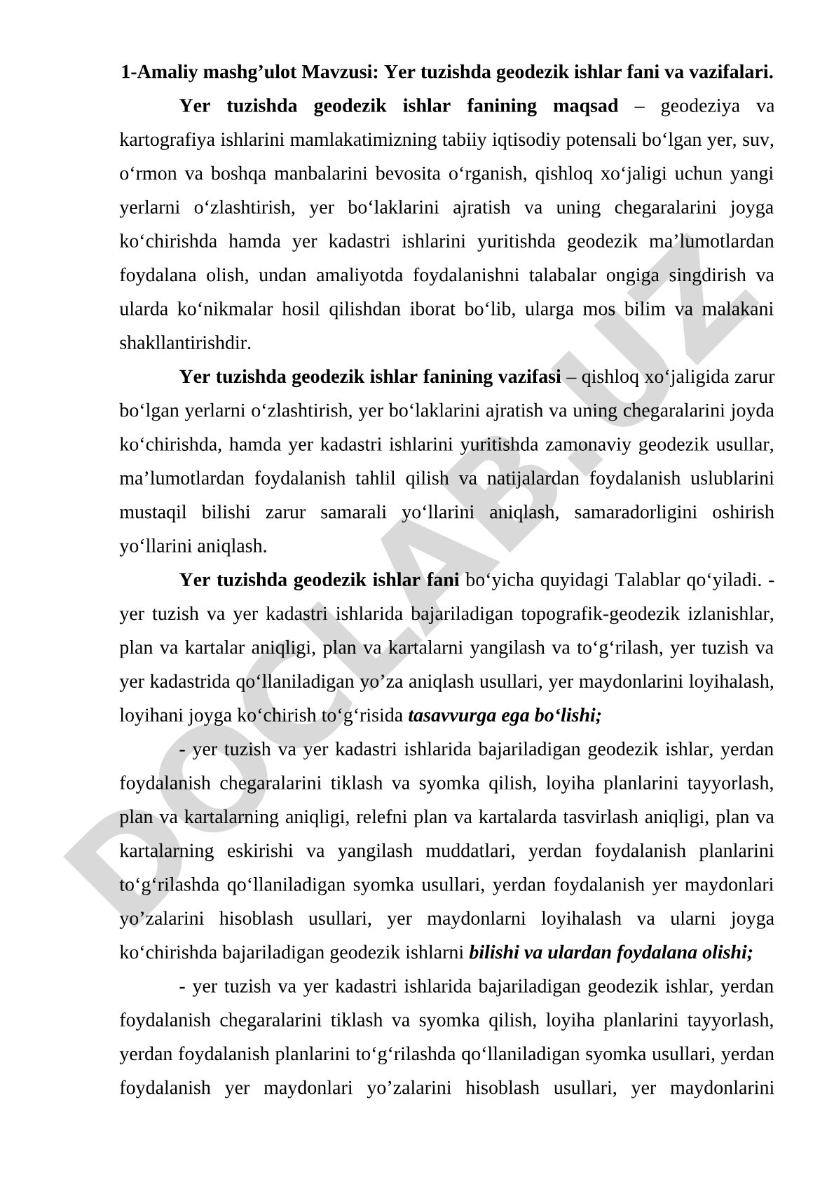 Yer tuzishda geodezik ishlar fani va vazifalari