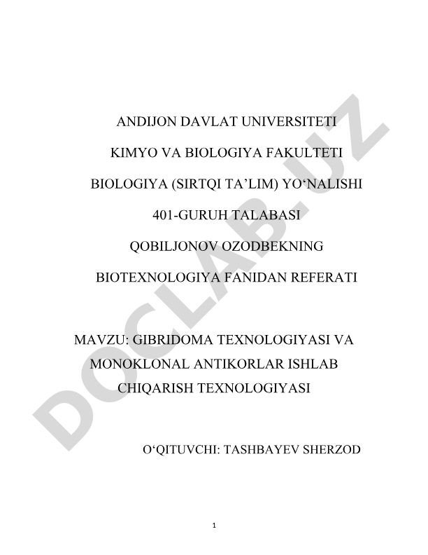 Gibridoma texnologiyasi va monoklonal antikorlar ishlab chiqarish texnologiyasi