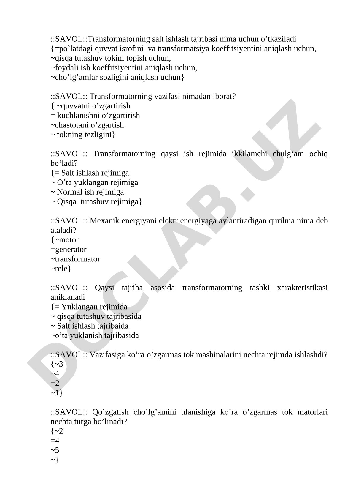 Transformatorlar va elektr mashinalari bo'yicha test savollari