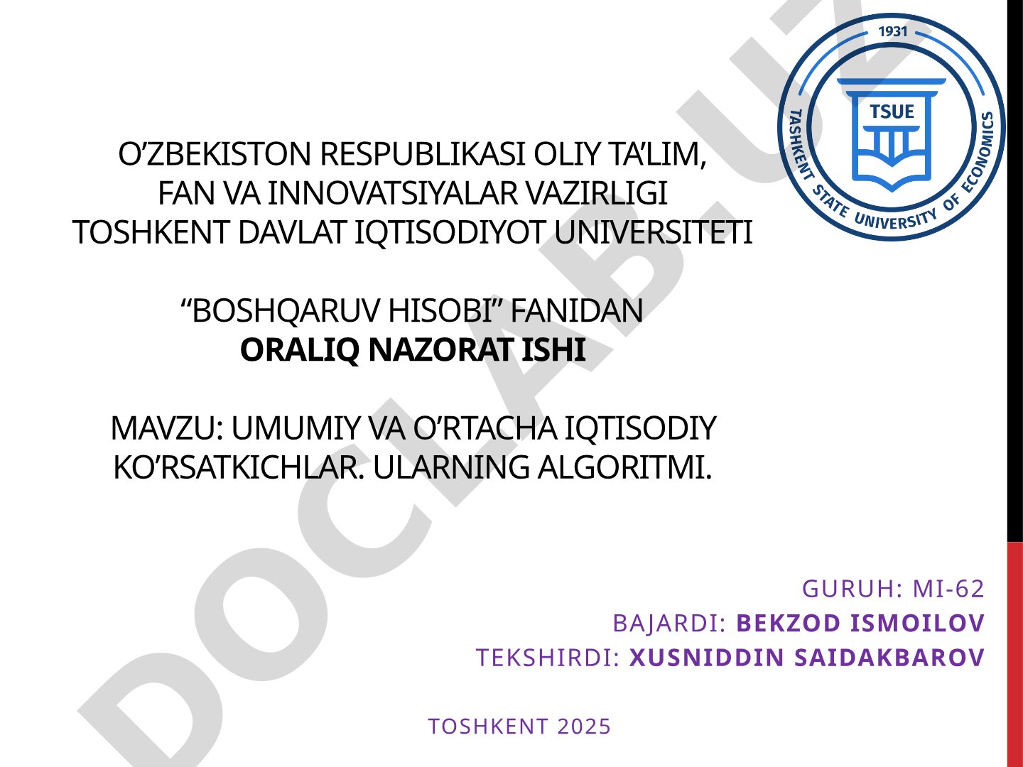 Umumiy va o'rtacha iqtisodiy ko'rsatkichlar. Ularning algoritmi.