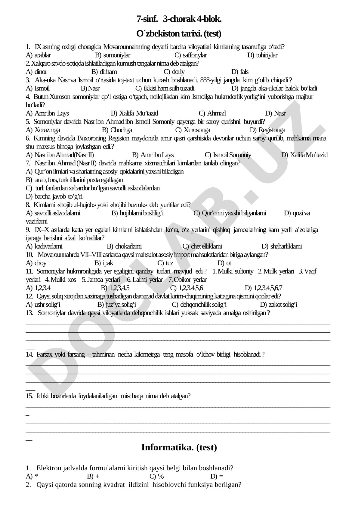 7-sinf 3-chorak 4-blok O'zbekiston tarixi test