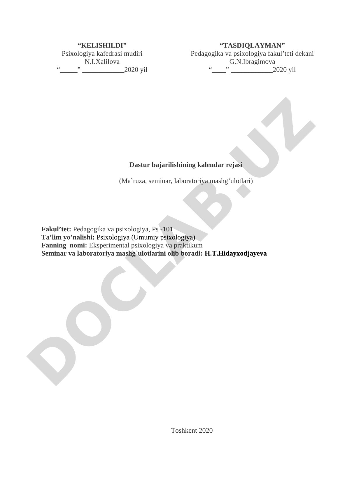 Eksperimental psixologiya va praktikum fanidan seminar va laboratoriya mashg'ulotlari kalendar rejasi