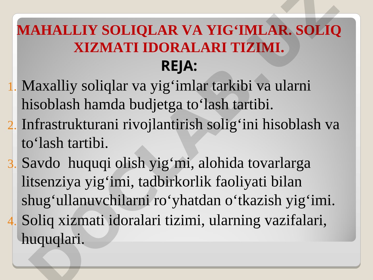 Mahalliy soliqlar va yig'imlar. Soliq xizmati idoralari tizimi