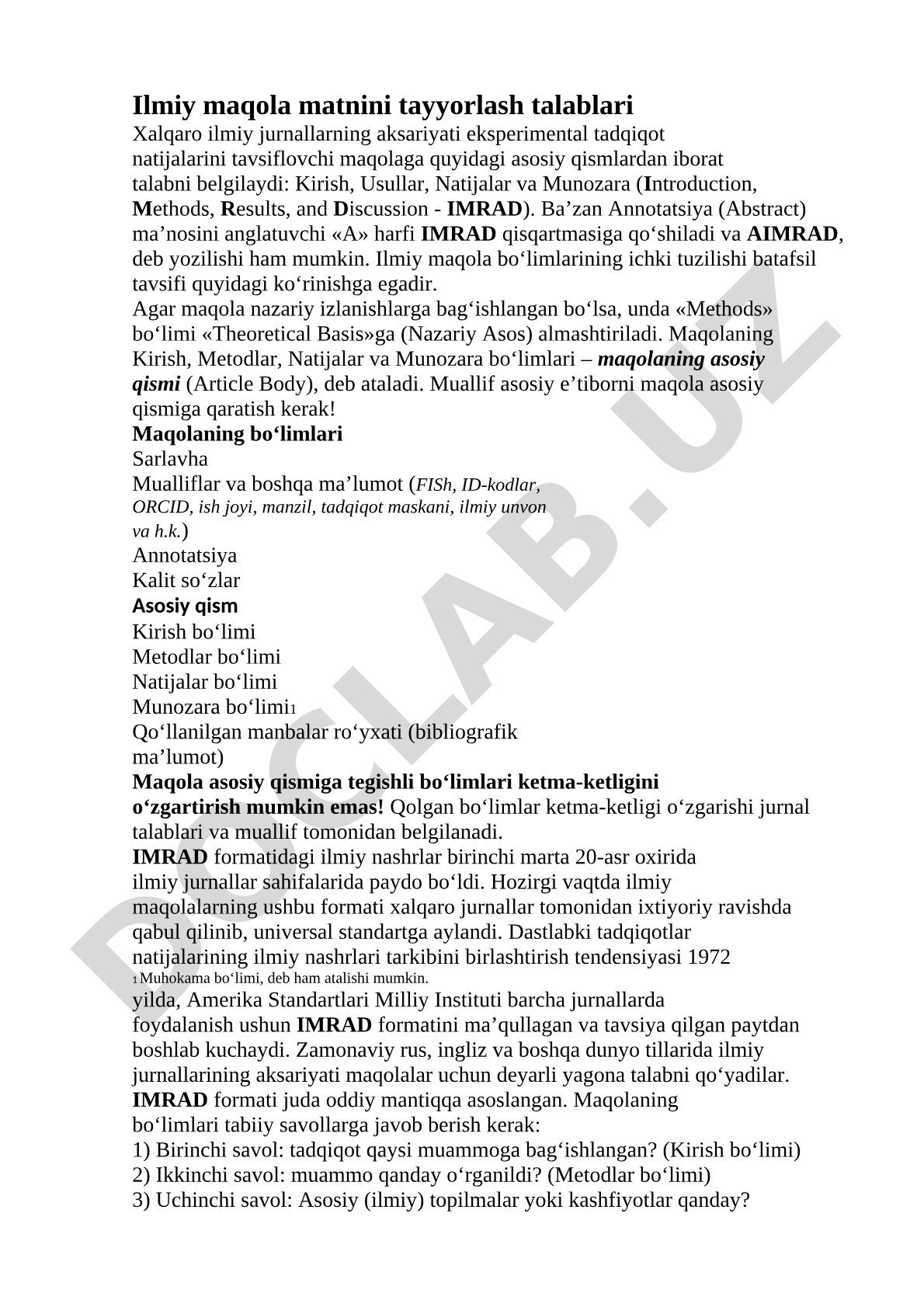Ilmiy maqola matnini tayyorlash talablari