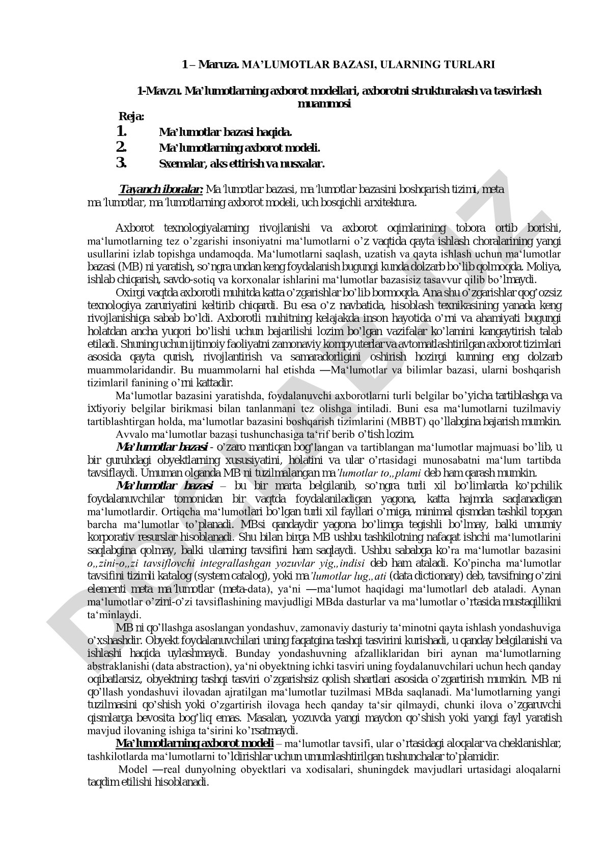 Ma’lumotlarning axborot modellari, axborotni strukturalash va tasvirlash muammosi