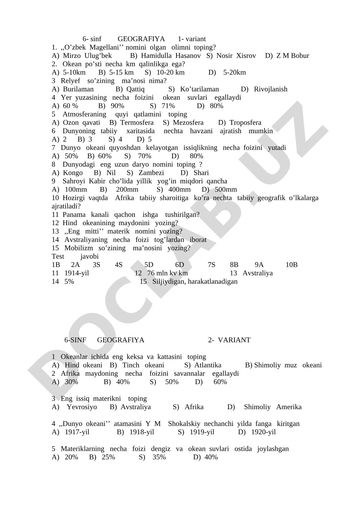 6- sinf GEOGRAFIYA 1- variant