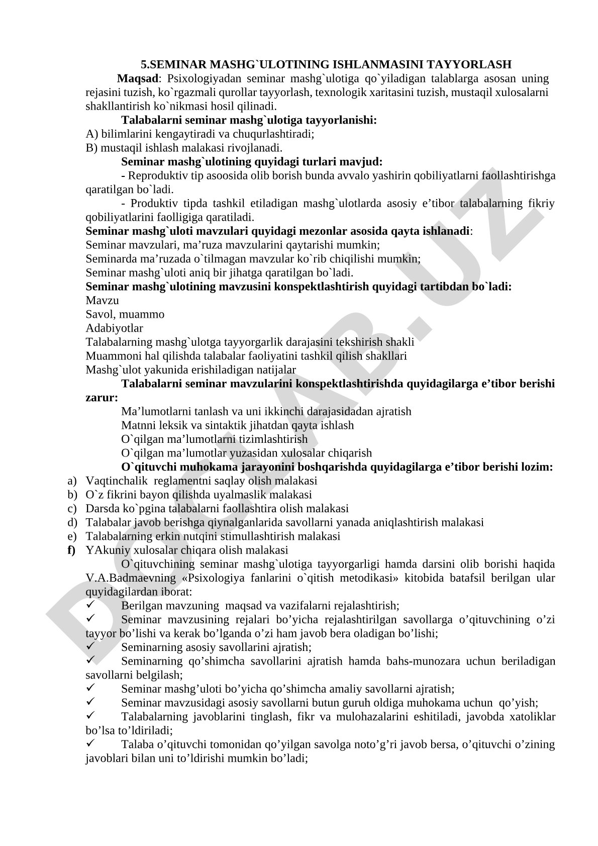 Seminar mashg'ulotining ishlanmasini tayyorlash