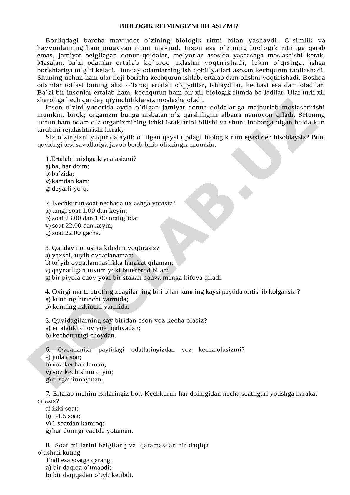 Insonlarning biologik ritmi, ularning jamiyat qoidalariga moslashuvi va ish qobiliyati