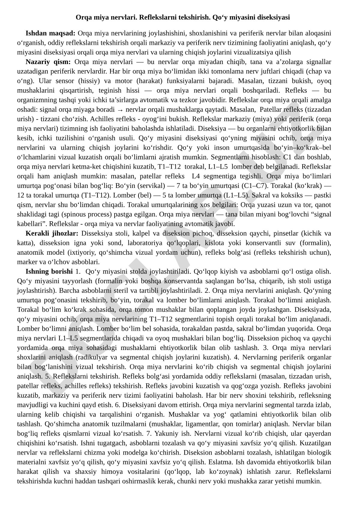 Orqa miya nervlari. Reflekslarni tekshirish. Qo‘y miyasini diseksiyasi