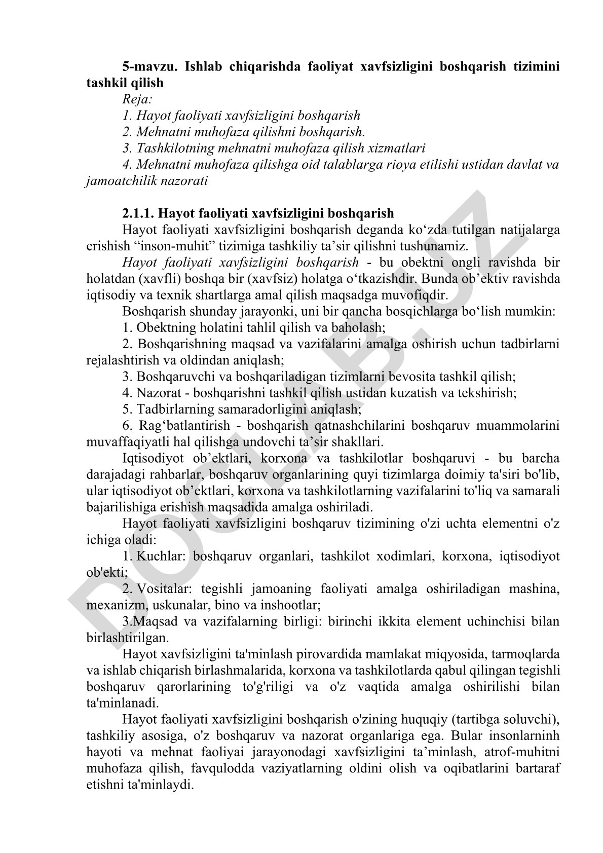 Ishlab chiqarishda faoliyat xavfsizligini boshqarish tizimini tashkil qilish