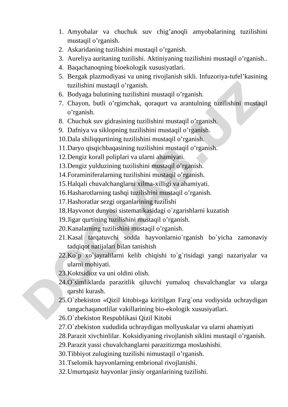Sodda va umurtqasiz hayvonlarning tuzilishini mustaqil o'rganish