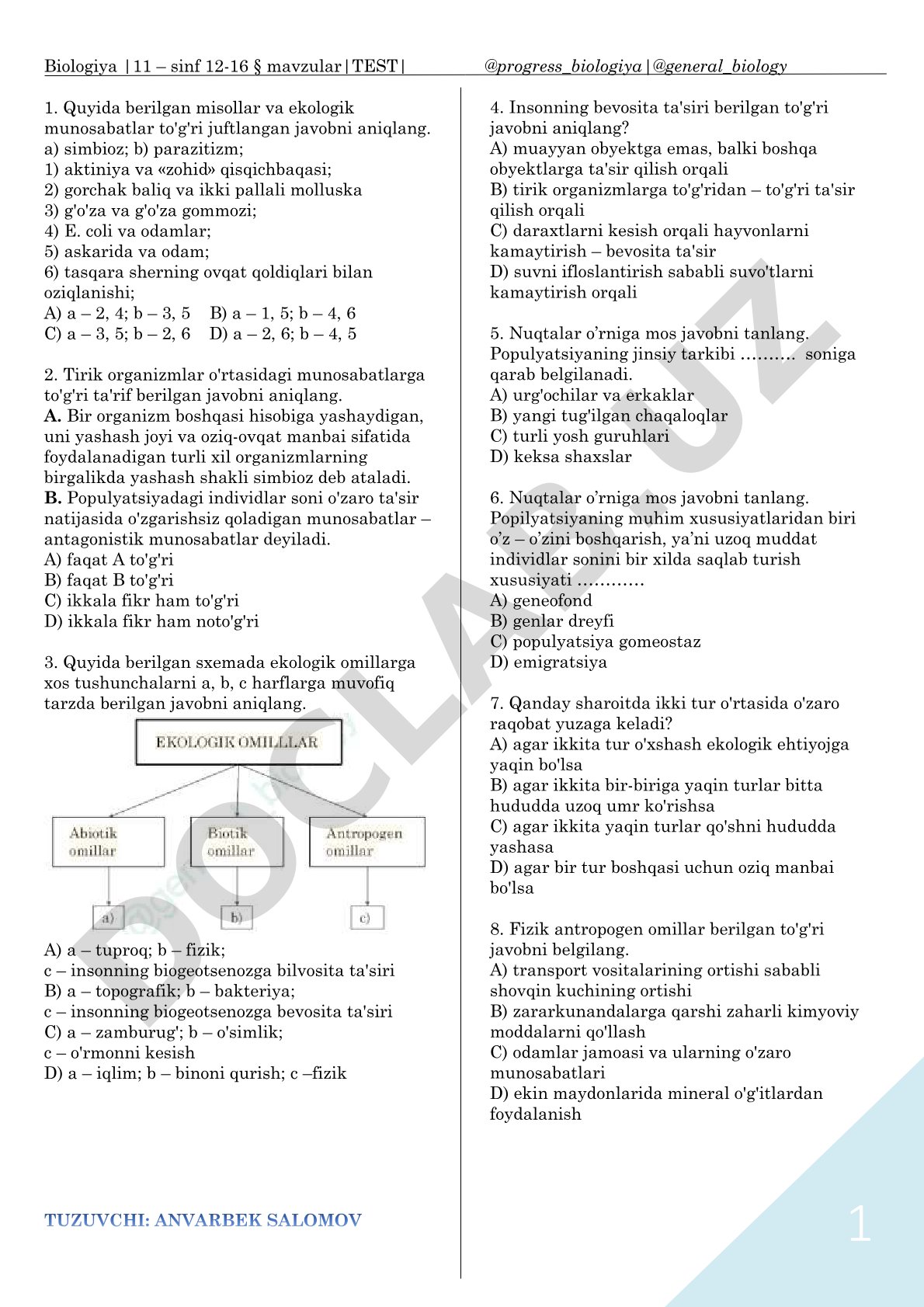 Ekologik omillar va tirik organizmlar o'zaro munosabatlari