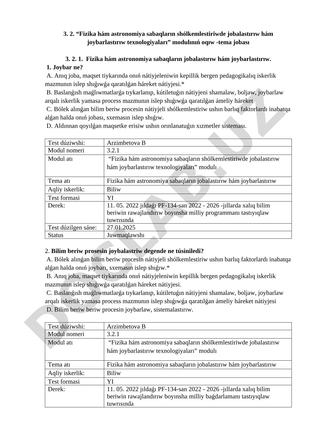 Fizika hám astronomiya sabaqların jobalastırıw hám joybarlastırıw