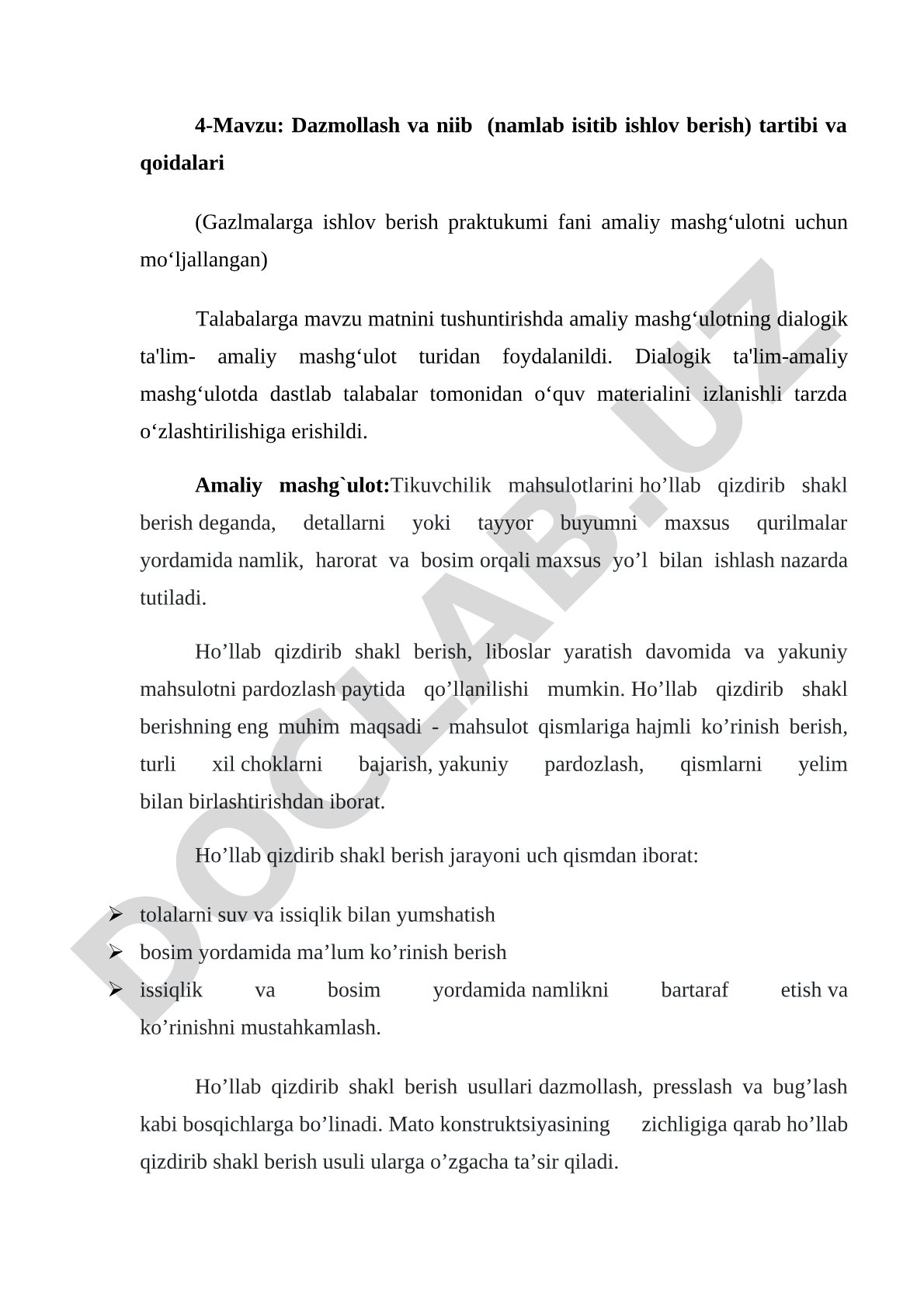Dazmollash va niib (namlab isitib ishlov berish) tartibi va qoidalari