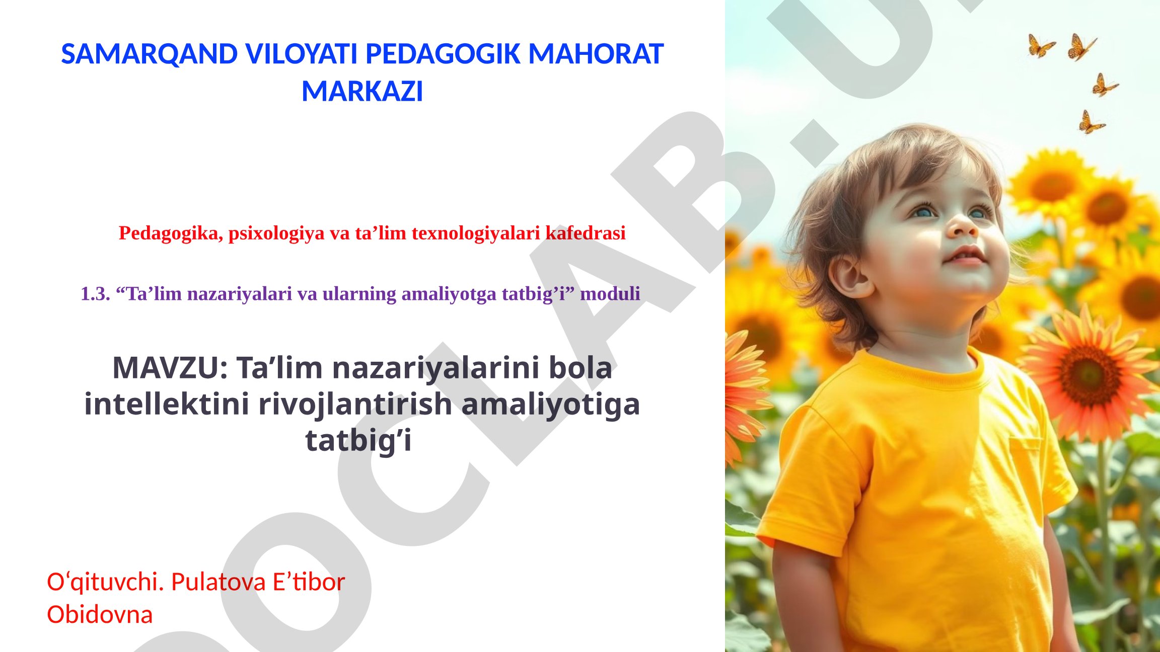 Ta’lim nazariyalarini bola intellektini rivojlantirish amaliyotiga tatbig’i