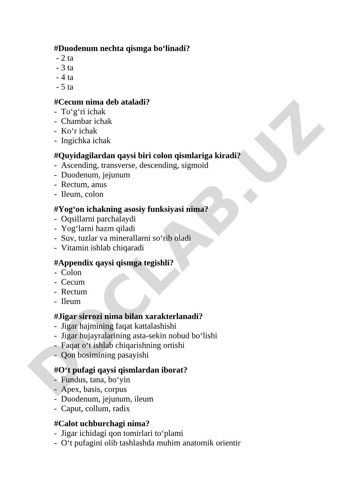 Ovqat hazm qilish tizimi anatomiyasi bo‘yicha test savollari