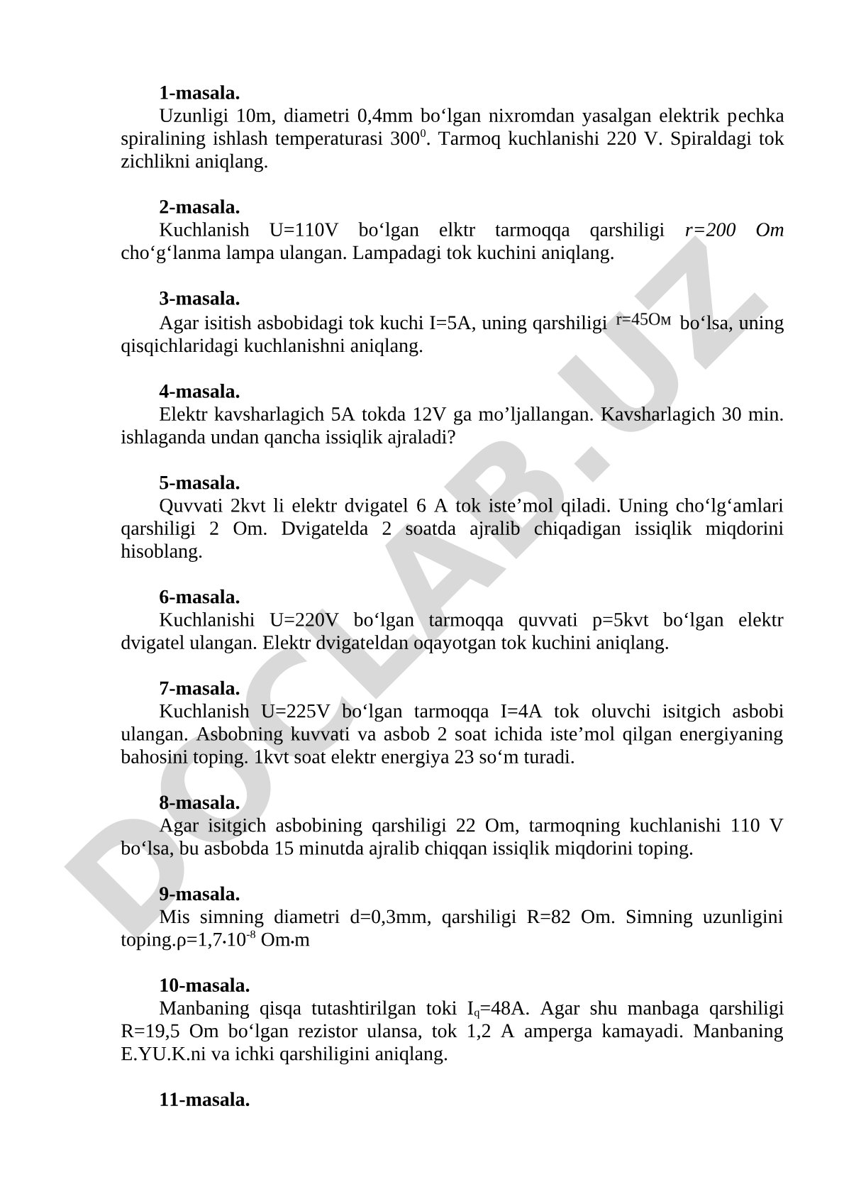 Elektr toki, kuchlanish, qarshilik va quvvatga oid masalalar