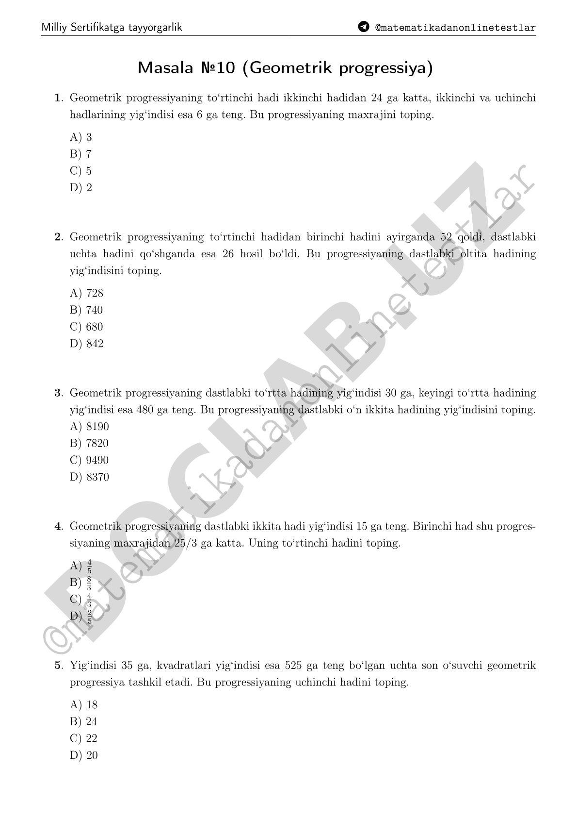 Geometrik progressiya bo'yicha test masalalari