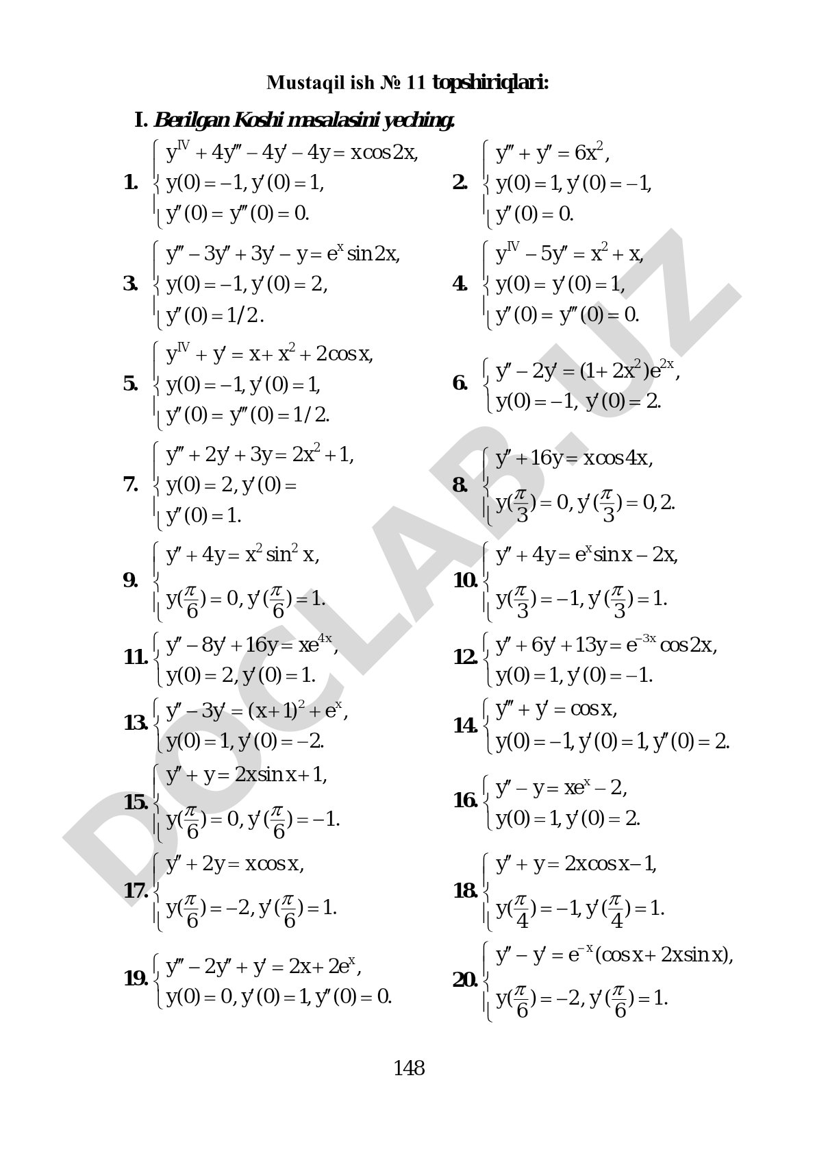 Oliy matematikadan Koshi masalalari bo'yicha topshiriqlar