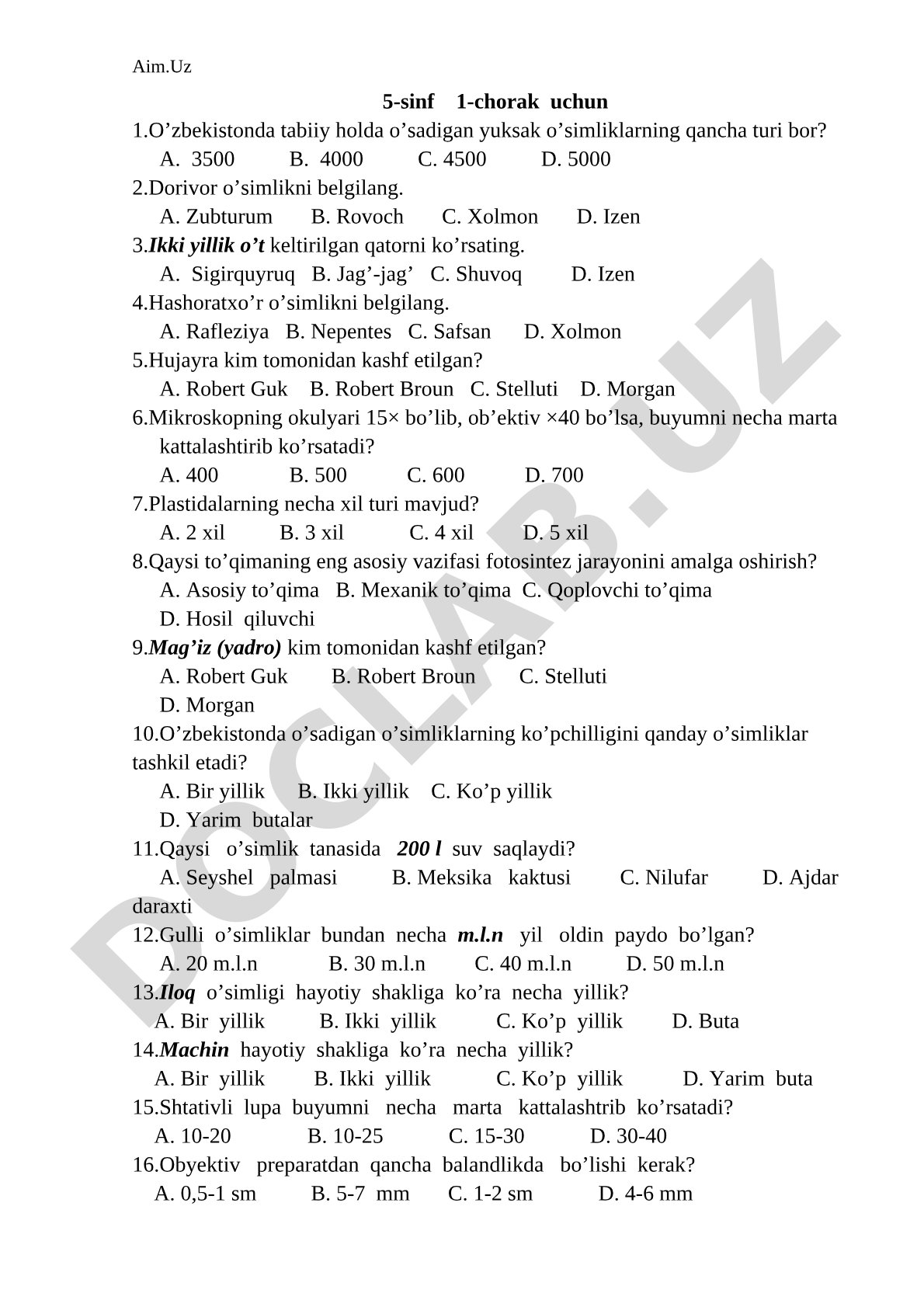 5-sinf 1-chorak biologiya test savollari
