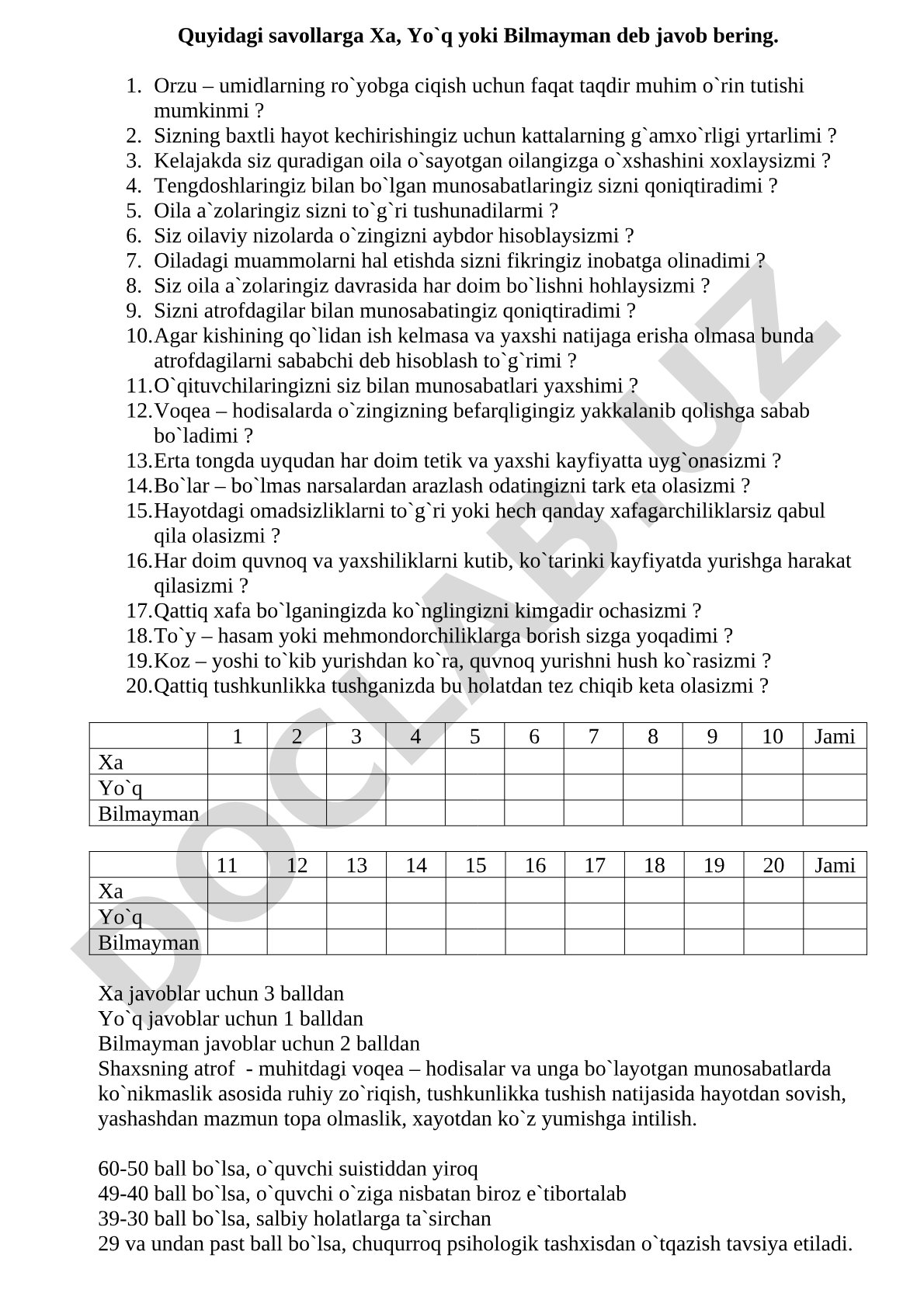 Oila va munosabatlar haqida savolnoma