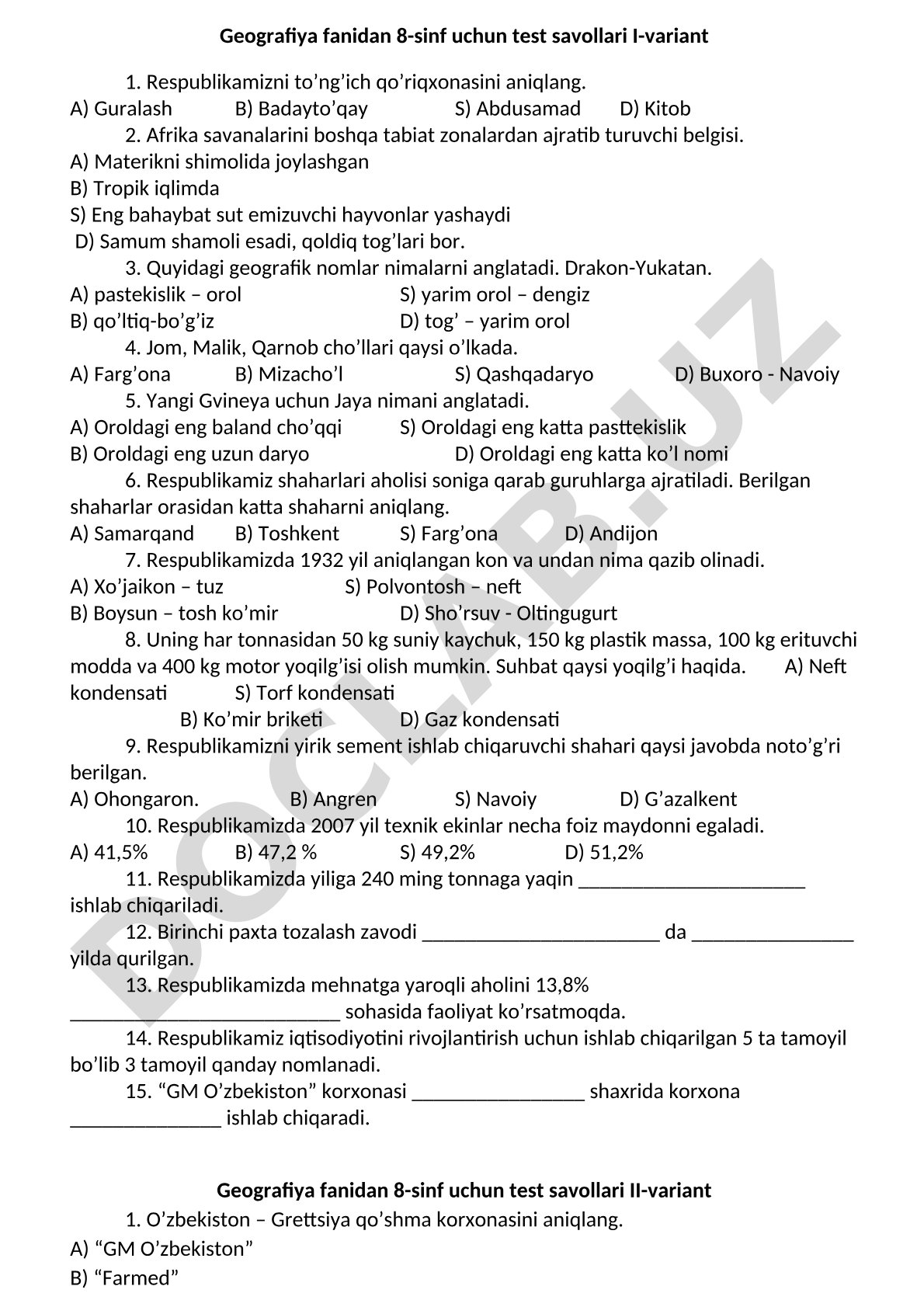 Geografiya fanidan 8-sinf uchun test savollari I-variant