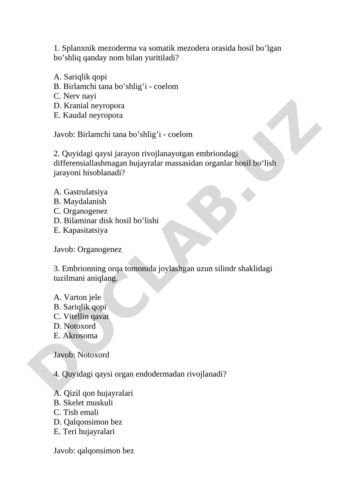 Embrion rivojlanishi va organogenez test savollari