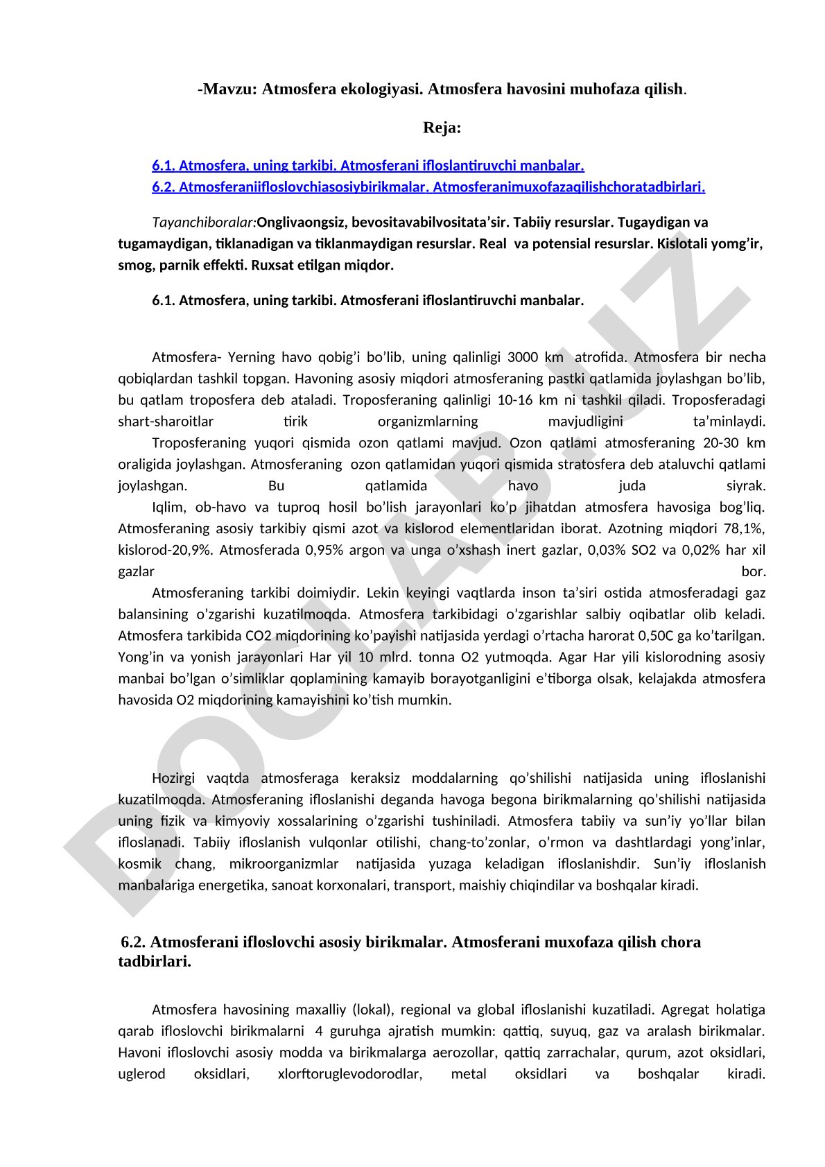 Atmosfera ekologiyasi. Atmosfera havosini muhofaza qilish