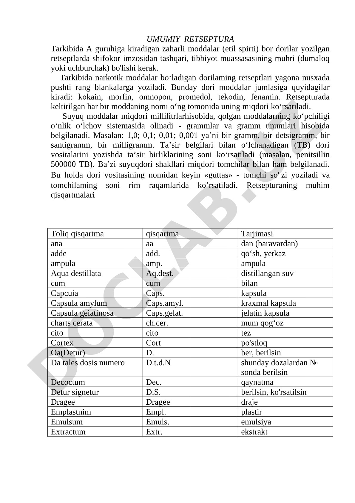 Retseptlarda zaharli va narkotik moddalarni yozish qoidalari, o'lchov birliklari va