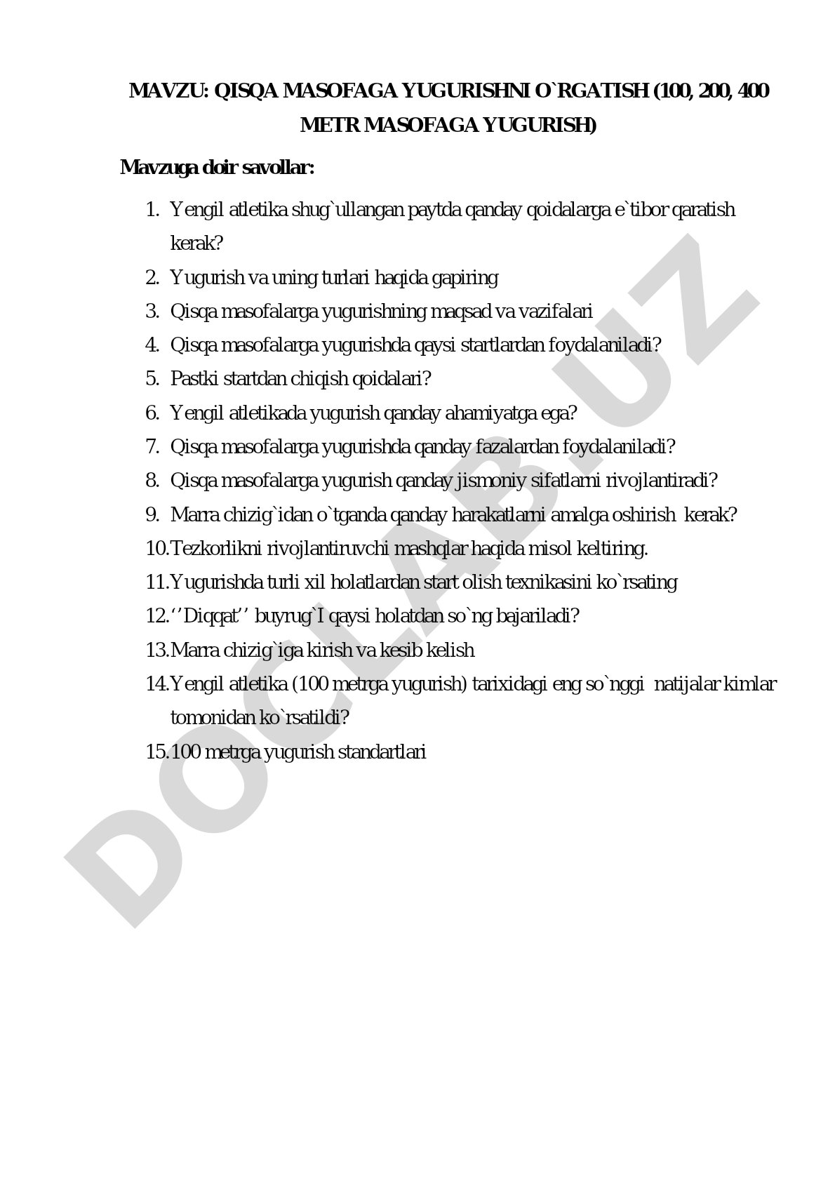 Qisqa masofaga yugurishni o'rgatish (100, 200, 400 metr masofaga yugurish)