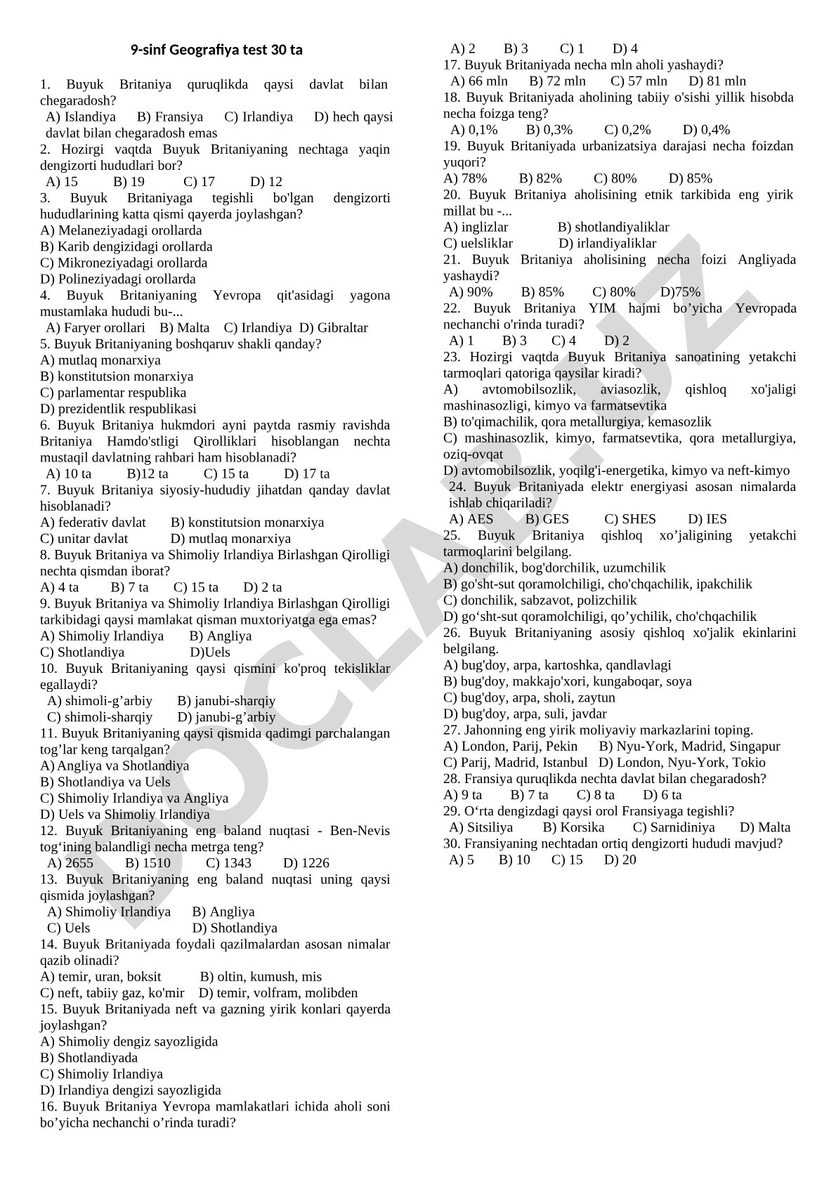 9-sinf Geografiya: Buyuk Britaniya test