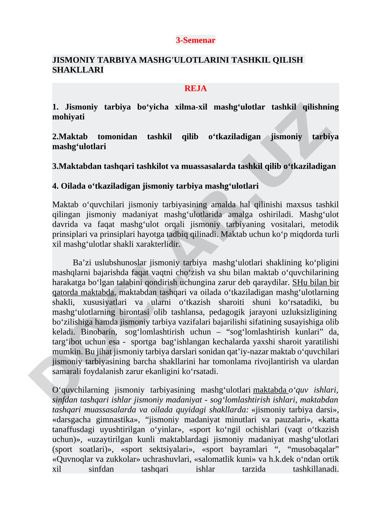 Jismoniy tarbiya mashg'ulotlarini tashkil qilish shakllari